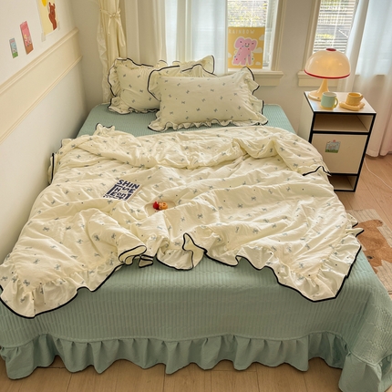 欧尚 2025新款细黑边夏被床单床盖三件套 蓝色蝴蝶结