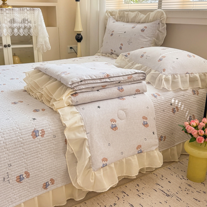 91家纺网 家纺一手货源 找家纺 芯贝儿 2025新款提花针织水洗m双层纱夏被四件套 可爱狗