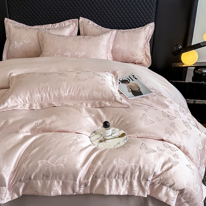 91家纺网 家纺一手货源 找家纺 狂想家 2025新款高奢提花水洗天丝系列四件套 蝶之恋轻奢粉