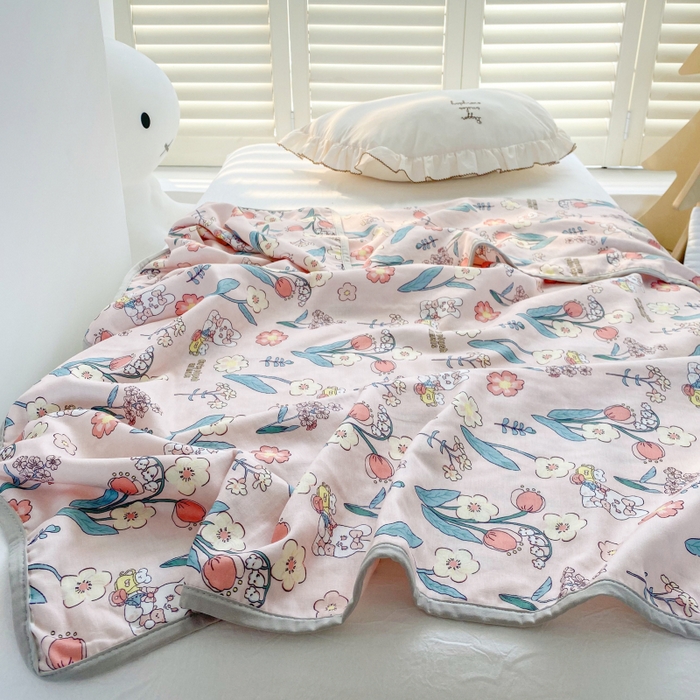 91家纺网 家纺一手货源 找家纺 潮邦 2025新款全棉双层纱多功能盖毯 心怡粉