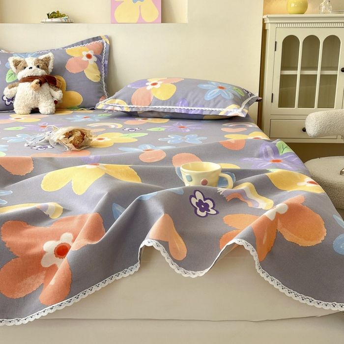 91家纺网 家纺一手货源 找家纺 新印象  2025新款花边老粗布床单款床笠款三件套莫奈花园