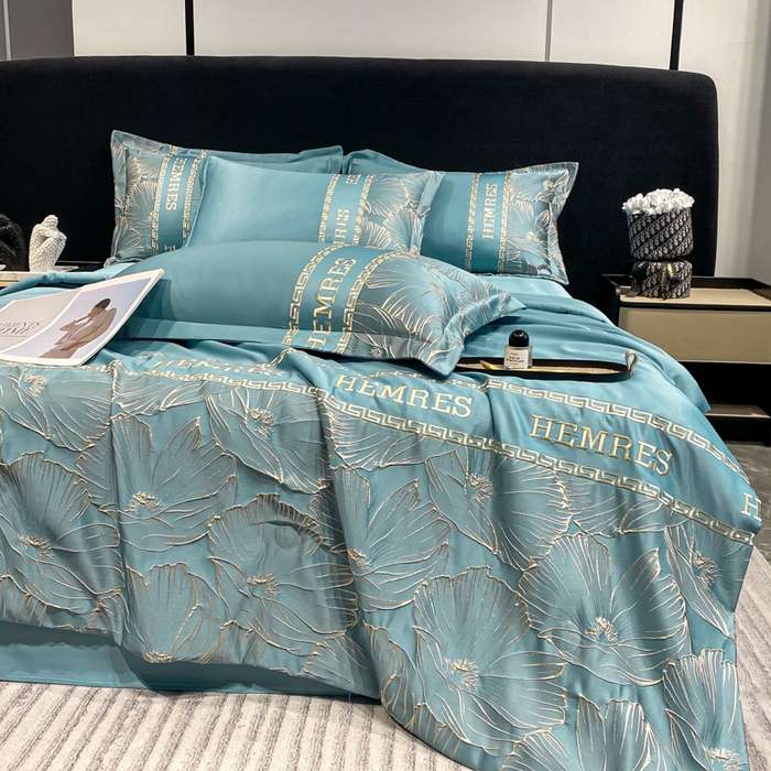 91家纺网 家纺一手货源 找家纺 子曰 2025新款金丝提花浮雕刺绣水洗真丝夏被四件套夏凉被空调被 花语-蓝