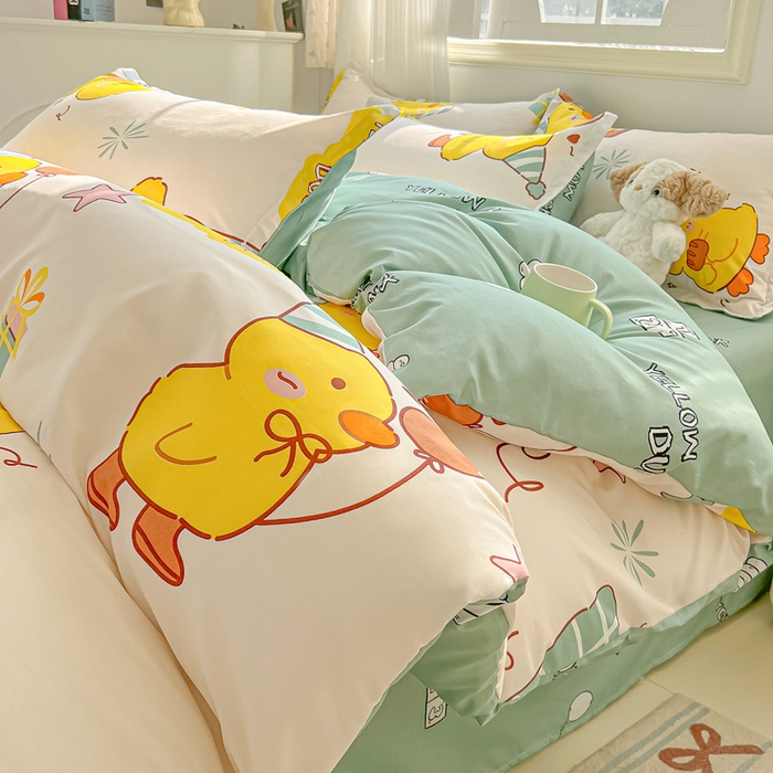 91家纺网 家纺一手货源 找家纺 悦织湾家纺 2025新款亲肤芦荟棉四件套轻奢印花磨毛床上用品亲肤棉四件套 开心鸭