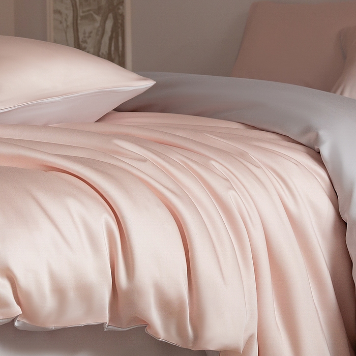 91家纺网 家纺一手货源 找家纺 云栖家居 202560支兰精天丝纯拼色四件套 浅杏粉银灰