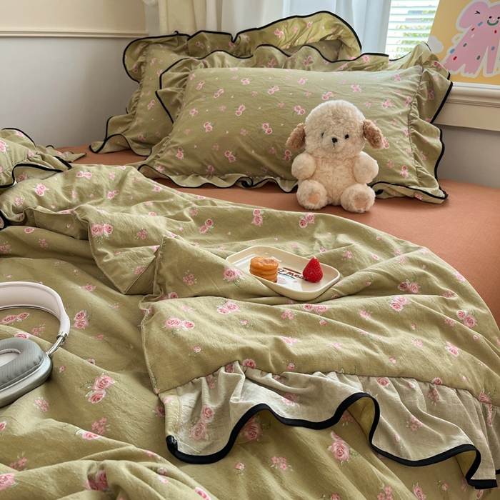 91家纺网 家纺一手货源 找家纺 欧尚 2025新款细黑边夏被床单床盖三件套 玫瑰恋人