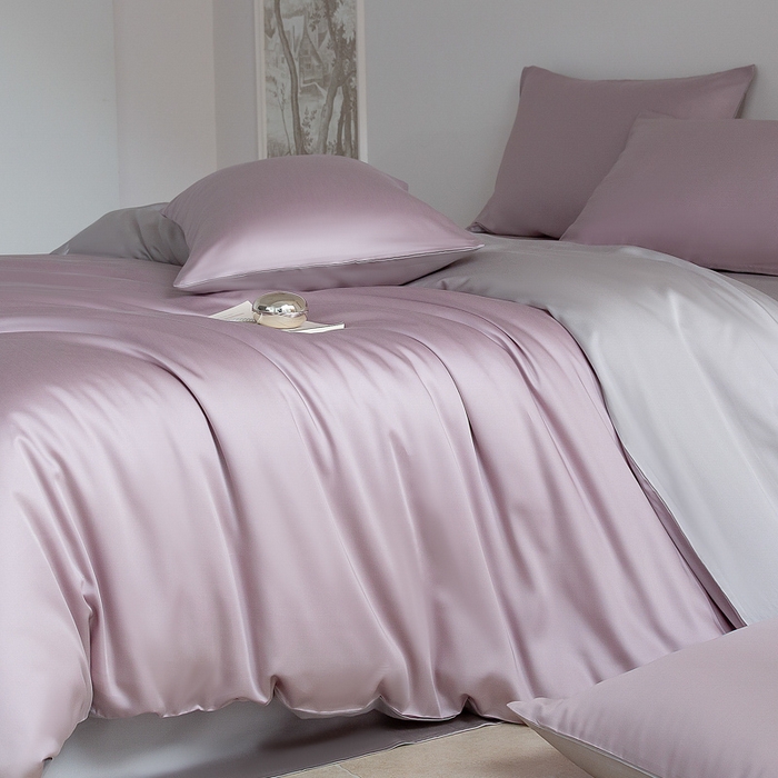 91家纺网 家纺一手货源 找家纺 云栖家居 202560支兰精天丝纯拼色四件套 紫灰银灰