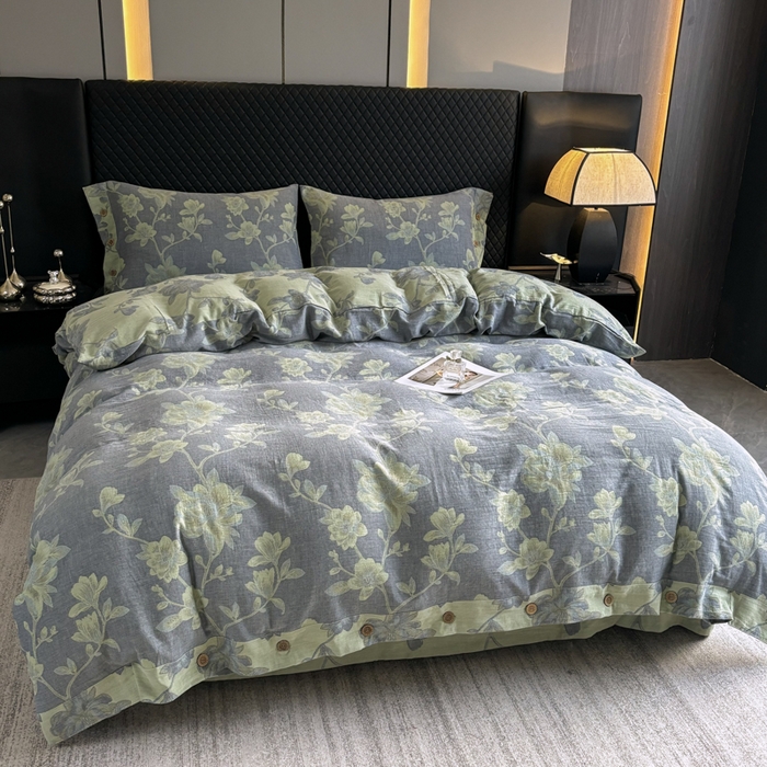 91家纺网 家纺一手货源 找家纺 2025新款全棉色织双层纱纽扣款四件套 七里香-灰黄