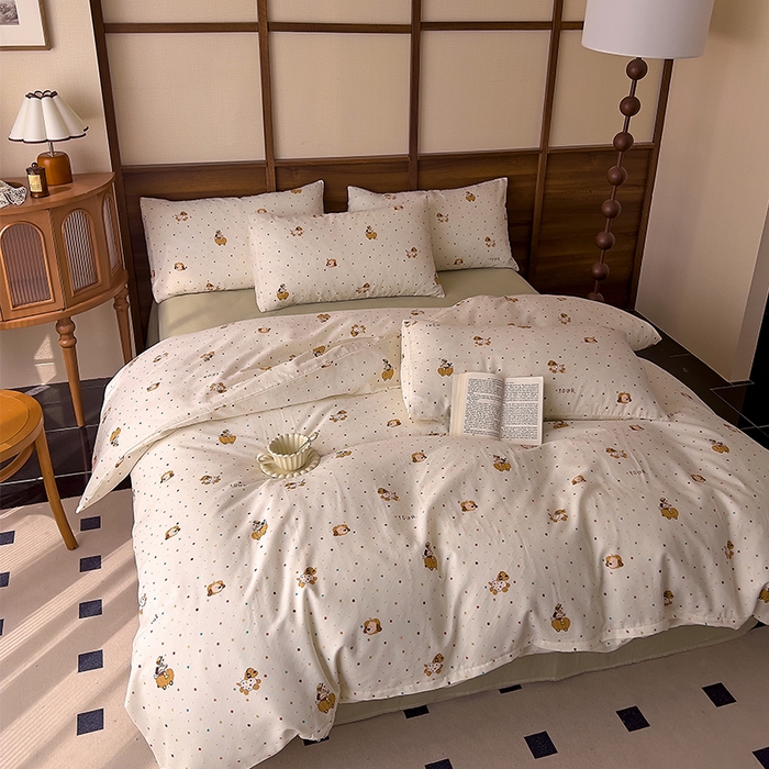 91家纺网 家纺一手货源 找家纺 优品阁  2025新款A类全棉有氧双层纱四件套 彩星汪汪