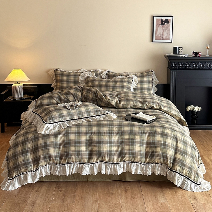 91家纺网 家纺一手货源 找家纺 （总）蓝邻家纺 2025春夏新款全棉纯棉复古双层纱花边织带款四件套