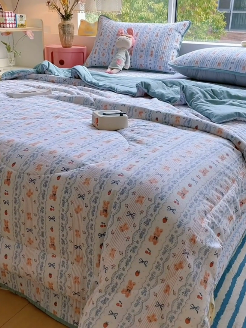 91家纺网 家纺一手货源 找家纺 老帅的工厂店 2025新款a类云感双层纱7a抗菌夏被床盖四件套 茶野