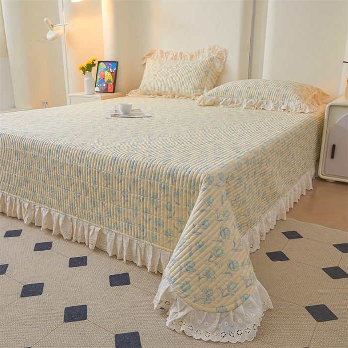 91家纺网 家纺一手货源 找家纺 恒爱家纺2025新款全棉纯棉韩版花边床盖 香百合