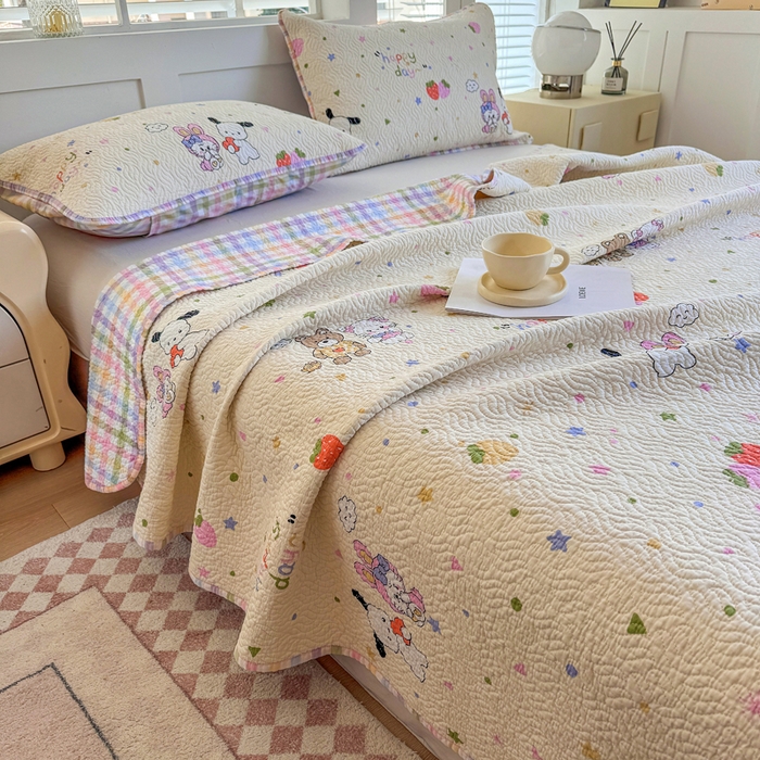 91家纺网 家纺一手货源 找家纺 宜梦家居【需要买家秀请联系老板】 2025新款双面纯棉夹层新疆棉花高温砂洗全棉床盖 甜蜜小兔