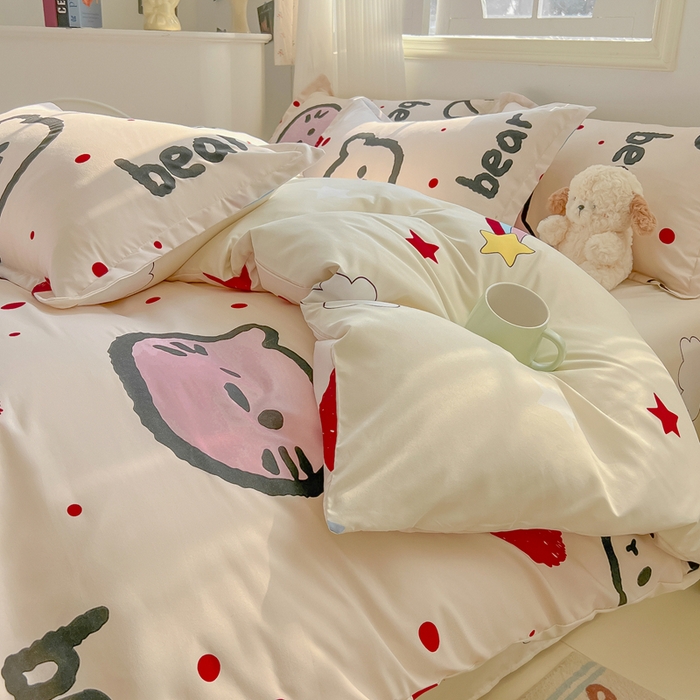 91家纺网 家纺一手货源 找家纺 悦织湾家纺 2025新款亲肤芦荟棉四件套轻奢印花磨毛床上用品亲肤棉四件套 爱心熊
