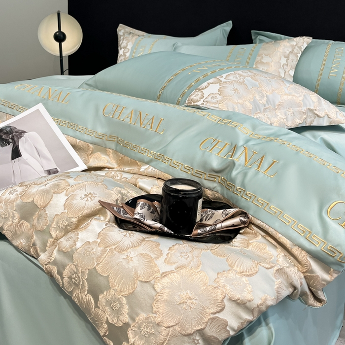 91家纺网 家纺一手货源 找家纺 米彩家纺 2025新款A类水洗真丝金丝浮雕提花绣花四件套 桃花-水绿