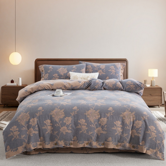 91家纺网 家纺一手货源 找家纺 2025新款全棉色织双层纱纽扣款四件套 七里香-粉灰