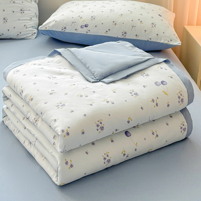 91家纺网 家纺一手货源 找家纺 金喜 2025新款小清新风格有氧针织双层纱大豆被夏被四件套 星晴兰