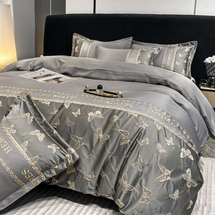 91家纺网 家纺一手货源 找家纺 子曰 2025新款金丝提花浮雕刺绣水洗真丝四件套 醉蝴蝶-灰