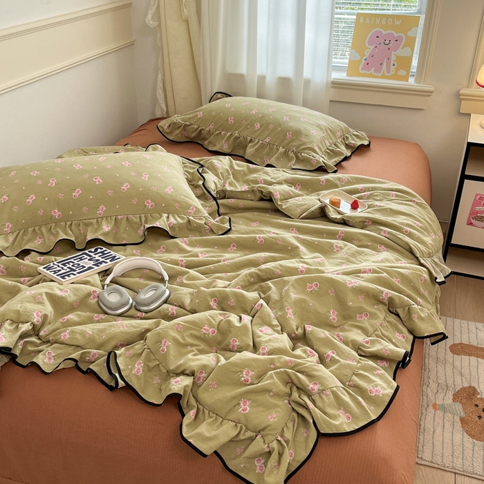 91家纺网 家纺一手货源 找家纺 欧尚 2025新款细黑边夏被床单床盖三件套 玫瑰恋人