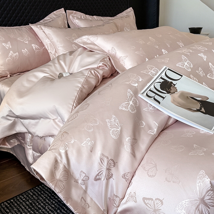 91家纺网 家纺一手货源 找家纺 狂想家 2025新款高奢提花水洗天丝系列四件套 蝶之恋轻奢粉