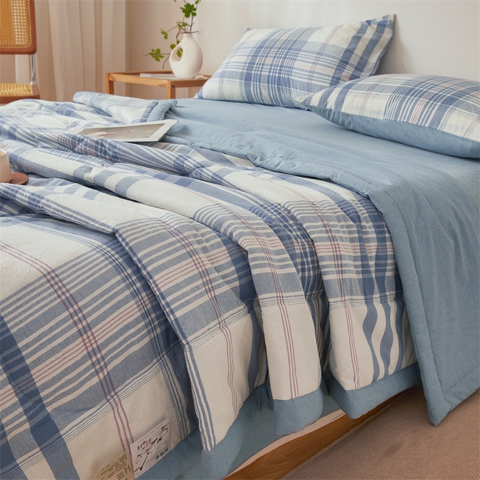 91家纺网 家纺一手货源 找家纺 2025新款A类里外全棉夏凉被100%新疆棉纯棉全棉填充无印格子款空调被原棉夏被 里外全棉-蓝调格