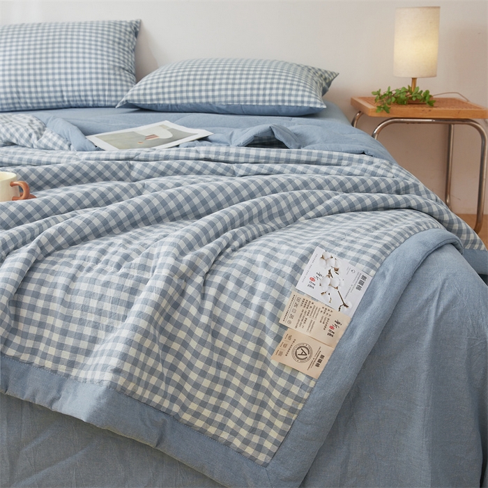 91家纺网 家纺一手货源 找家纺 2025新款A类里外全棉夏凉被100%新疆棉纯棉全棉填充无印格子款空调被原棉夏被 里外全棉-蓝小格