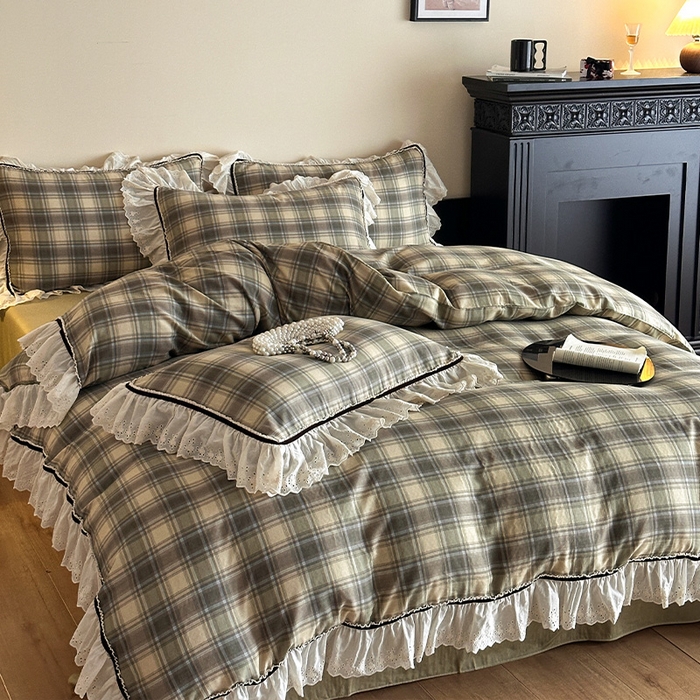 91家纺网 家纺一手货源 找家纺 （总）蓝邻家纺 2025春夏新款全棉纯棉复古双层纱花边织带款四件套