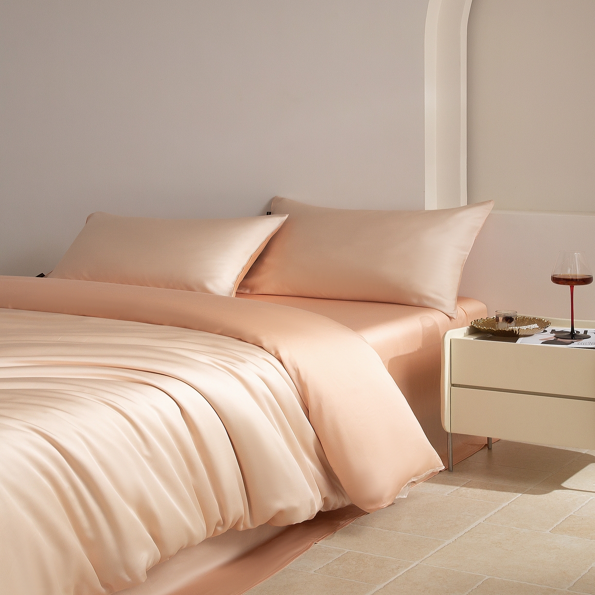 91家纺网 家纺一手货源 找家纺 云栖家居 202560支兰精天丝纯拼色四件套 芝芝白桃