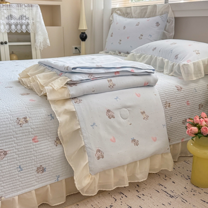 91家纺网 家纺一手货源 找家纺 芯贝儿 2025新款提花针织水洗m双层纱夏被四件套 萌宠