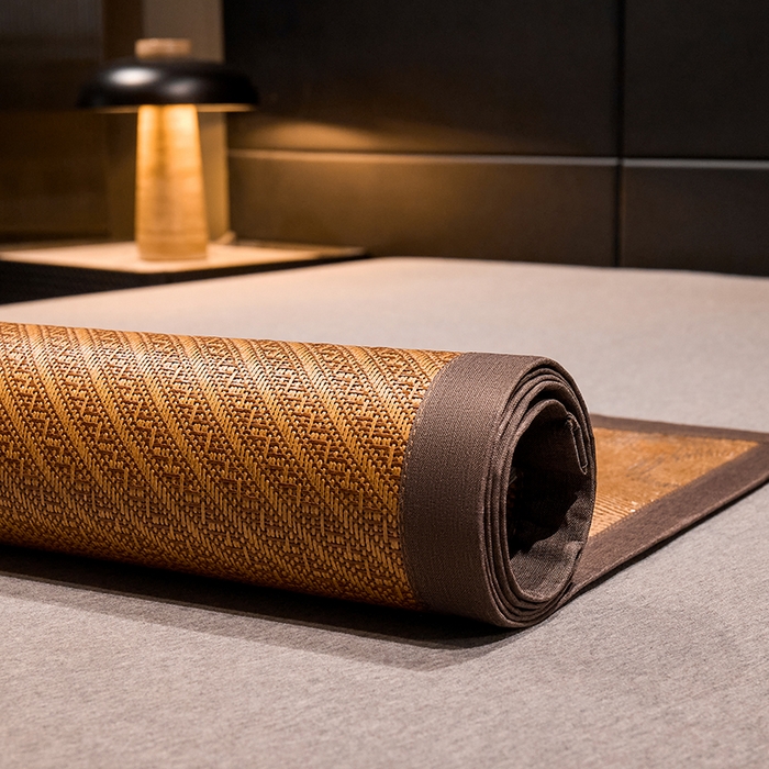 91家纺网 家纺一手货源 找家纺 绒艺席业 2025新款艾草藤席冰丝双面席席子凉席 萌萌熊猫-斜条纹