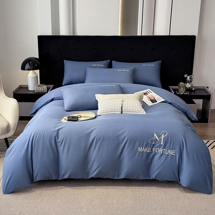 91家纺网 家纺一手货源 找家纺 鸿织源家纺 2025新款全棉刺绣款简约纯色四件套 宾利蓝