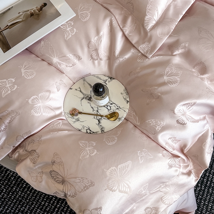 91家纺网 家纺一手货源 找家纺 狂想家 2025新款高奢提花水洗天丝系列四件套 蝶之恋轻奢粉