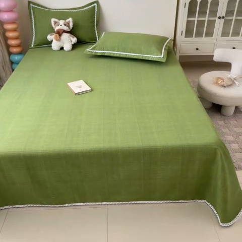 91家纺网 家纺一手货源 找家纺 新印象  2025新款花边老粗布床单款床笠款三件套倾城-绿