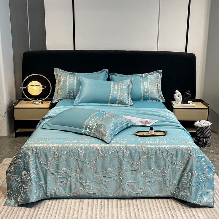 91家纺网 家纺一手货源 找家纺 子曰 2025新款金丝提花浮雕刺绣水洗真丝夏被四件套夏凉被空调被 花语-蓝