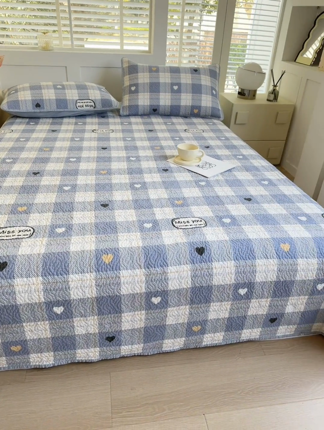 91家纺网 家纺一手货源 找家纺 宜梦家居【需要买家秀请联系老板】 2025新款双面纯棉夹层新疆棉花高温砂洗全棉床盖 爱达拉蓝