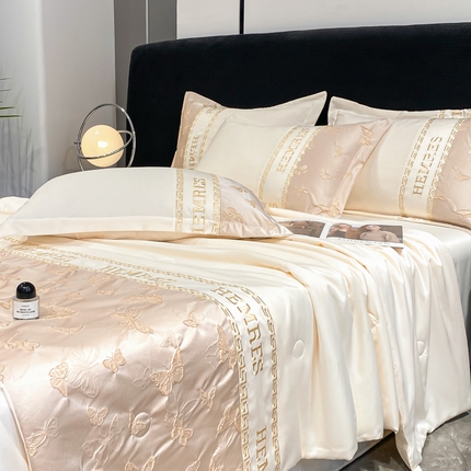 子曰 2025新款金丝提花浮雕刺绣水洗真丝夏被四件套夏凉被空调被 醉蝴蝶-米白