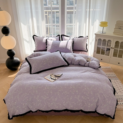 91家纺网 家纺一手货源 找家纺 （总）2025新款黑花边有氧云感m提花针织水洗m双层纱四件套