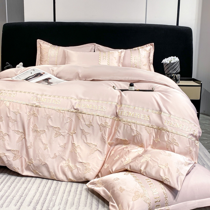 91家纺网 家纺一手货源 找家纺 子曰 2025新款金丝提花浮雕刺绣水洗真丝四件套 醉蝴蝶-粉