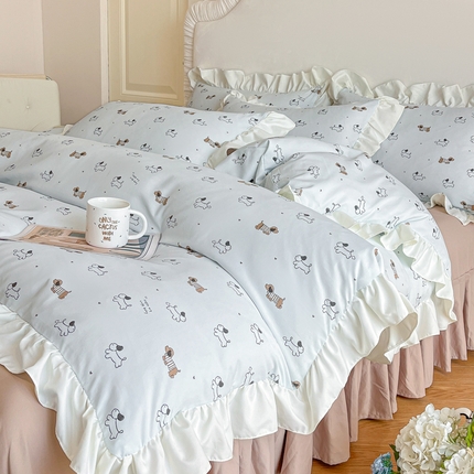 绘萱家居 2025新款舒氧°柔糯棉花边床裙款四件套（全消光细纱仿全棉纯棉）腊肠狗