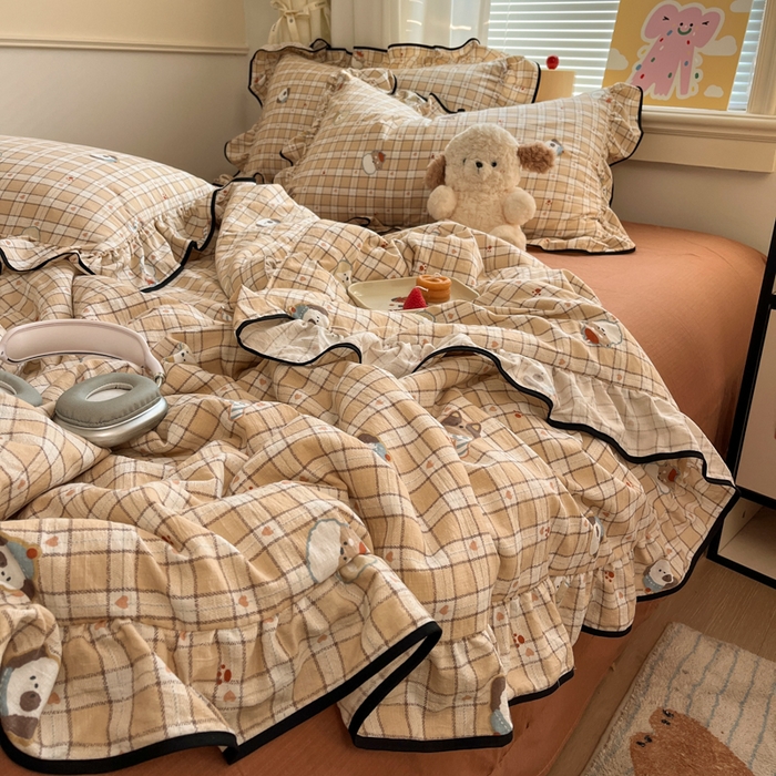 91家纺网 家纺一手货源 找家纺 欧尚 2025新款细黑边夏被床单床盖三件套 呆萌狗