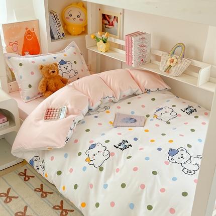 悦织湾家纺 2025新款印花学生宿舍亲肤芦荟棉三件套单双人四件套轻奢印花磨毛床上用品 彩点小熊