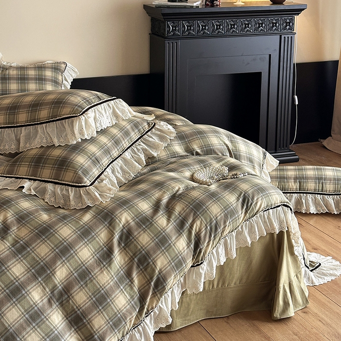 91家纺网 家纺一手货源 找家纺 （总）蓝邻家纺 2025春夏新款全棉纯棉复古双层纱花边织带款四件套