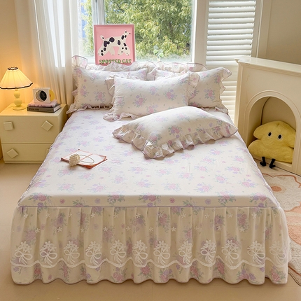 宜凡家纺 2025新款全棉蕾丝花边床裙三件套 明媚春晖