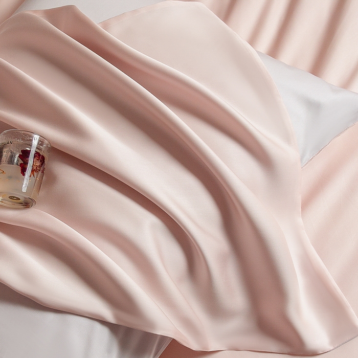 91家纺网 家纺一手货源 找家纺 云栖家居 202560支兰精天丝纯拼色四件套 浅杏粉银灰