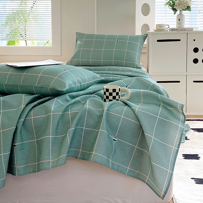 91家纺网 家纺一手货源 找家纺 爱彼家纺 2025新款锦柔老粗布席子凉席床单 绿条格