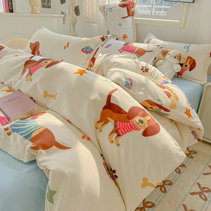 91家纺网 家纺一手货源 找家纺 悦织湾家纺 2025新款亲肤芦荟棉四件套轻奢印花磨毛床上用品亲肤棉四件套 腊肠派对