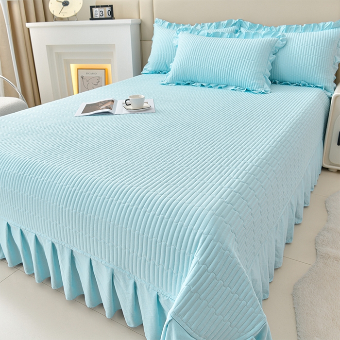 91家纺网 家纺一手货源 找家纺 星窝家纺 2025新款水洗棉花边床裙式多功能床盖三件套 经典蓝色