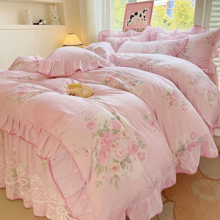 91家纺网 家纺一手货源 找家纺 宜凡家纺 2025新款全棉蕾丝花边床裙三件套 弥花集