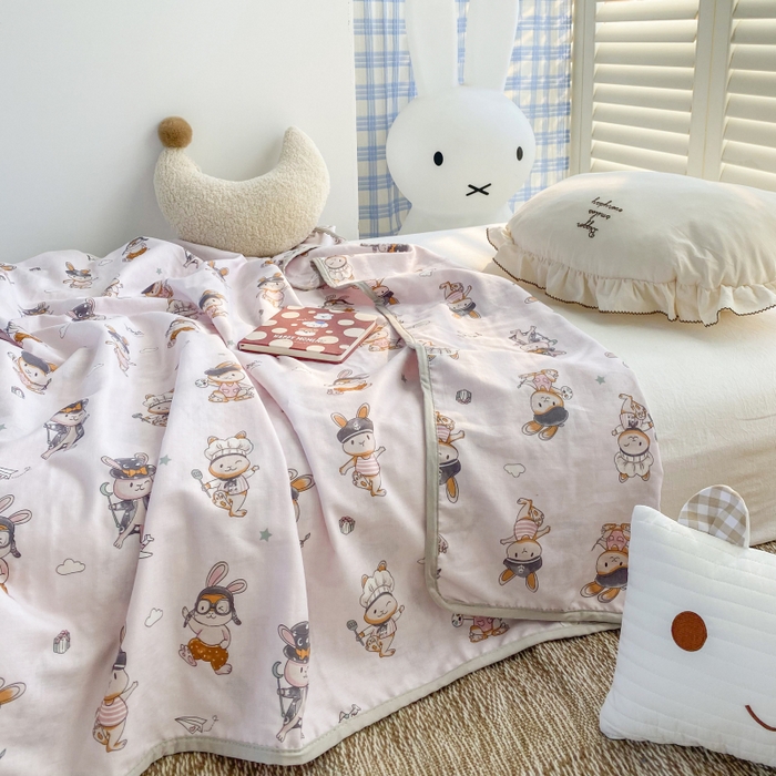 91家纺网 家纺一手货源 找家纺 潮邦 2025新款全棉双层纱多功能盖毯 兔之园