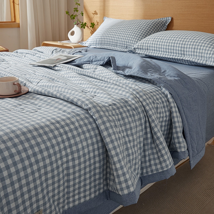 91家纺网 家纺一手货源 找家纺 西域种棉人·千百笠 2025新款A类100%新疆棉花夏凉被纯棉全棉填充原棉空调被手工宽边水洗棉夏被 水兰小格