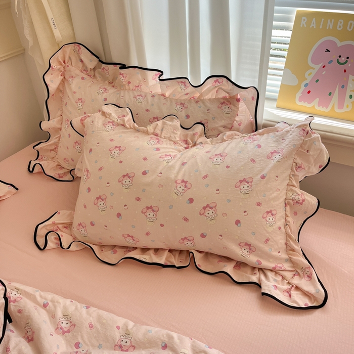 91家纺网 家纺一手货源 找家纺 欧尚 2025新款细黑边夏被床单床盖三件套 粉蒂